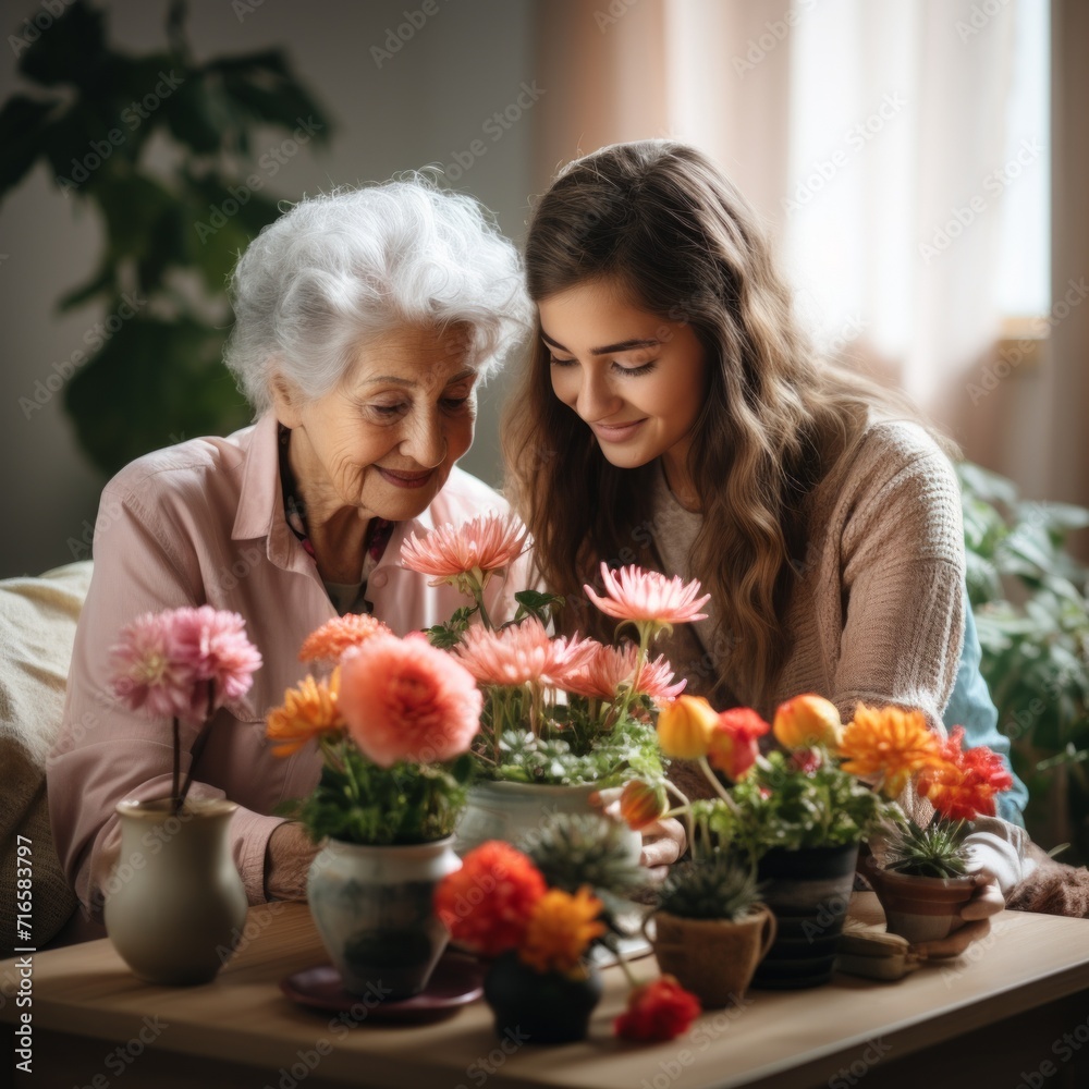 A grandmother and a female volunteer plant flowers together in a warm and cozy environment. Concept: communication between generations. The age difference helps a pensioner grow plants.
