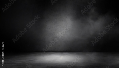 empty dark abstract cement wall and studio room with smoke float up interior texture for display products wall background