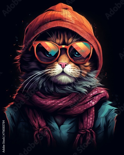 Stylish cat in a hat  scarf  and glasses on a t-shirt design - computer art