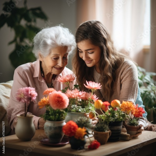 A grandmother and a female volunteer plant flowers together in a warm and cozy environment. Concept: communication between generations. The age difference helps a pensioner grow plants.  © Marynkka_muis