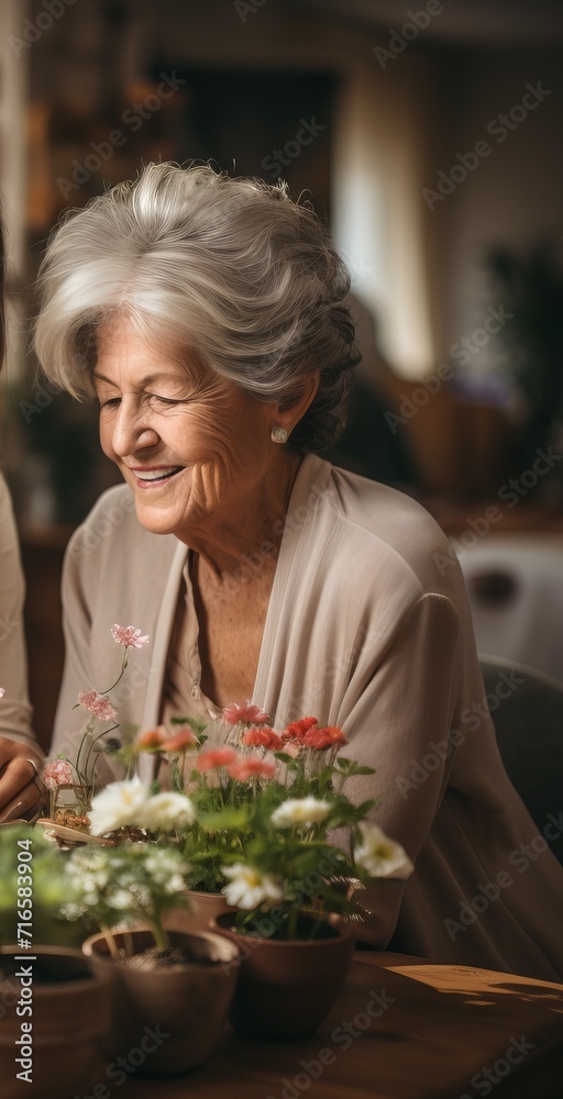 Grandmother plants flowers in a warm and cozy environment. Concept: leisure time of a retired pensioner, growing plants and flowers in pots and garden. Grandmother plants flowers in a warm and cozy environment. Concept: leisure time of a retired pensioner, growing plants and flowers in pots and garden.