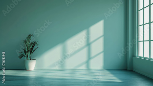 Empty room with minimalist soft teal wall background with sun shadow for product presentation