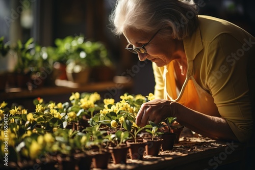 Grandmother plants flowers in a warm and cozy environment. Concept: leisure time of a retired pensioner, growing plants and flowers in pots and garden. © PRO Neuro architect