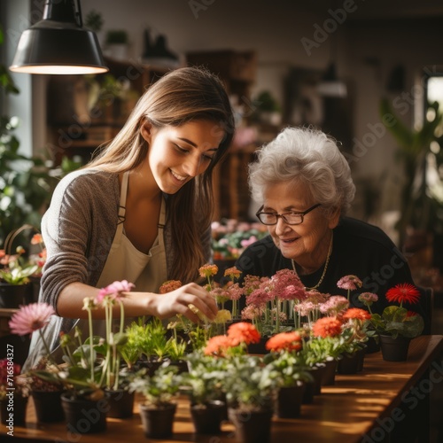 An elderly woman and a female volunteer plant flowers together in a warm and cozy environment. Concept: communication between generations. The age difference helps a pensioner grow plants.  © Marynkka_muis