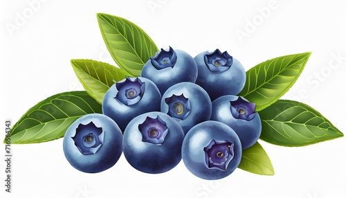 handful of blueberries with leaves isolated on white background