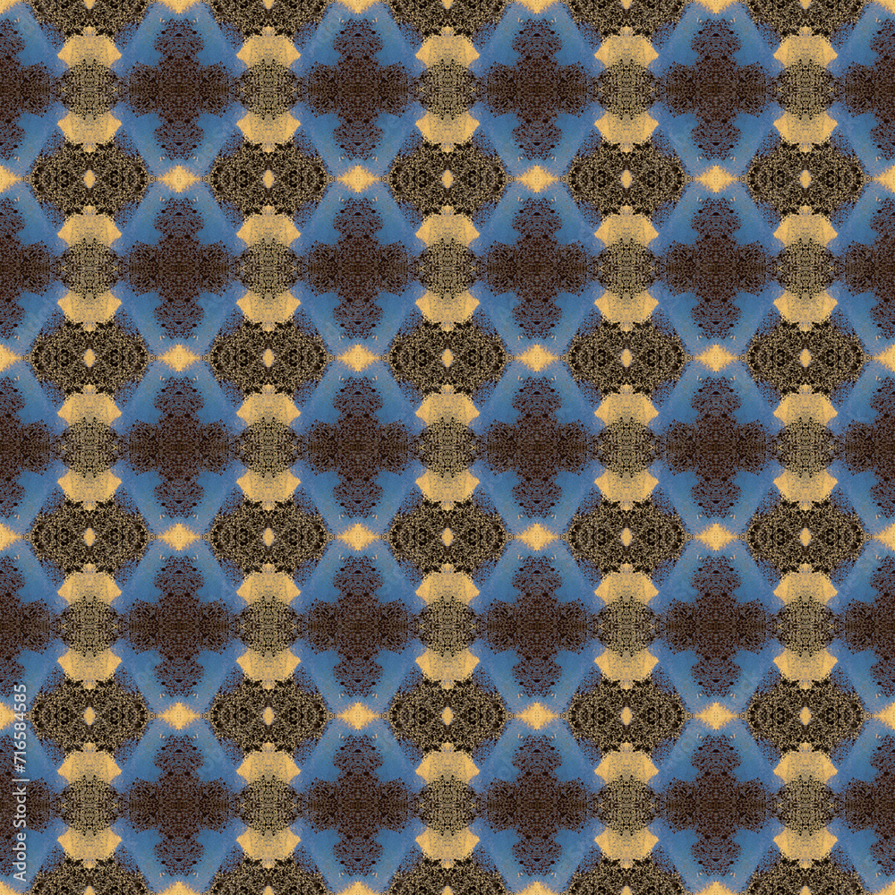 Shibori pattern. Ikat textile. Tie dye print. brown seamless stencil. Moroccan tile. Folk geometric ornament. Japanese shibori pattern. Watercolor batik paint, silk fabric. Ethnic carpet motif