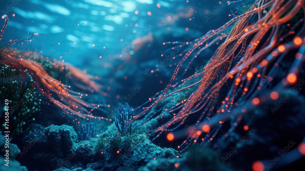 A vast underwater data center, glowing cables snaking through coral reefs, technology harmonizing with the ocean's vibrant pulse. - obrazy, fototapety, plakaty 