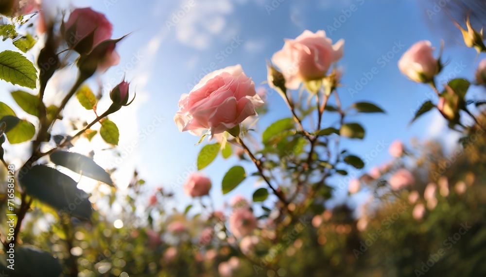 pink roses on a flowering bush some flowers in blur pink roses on a flowering bush some flowers in blur