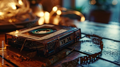 A vintage cassette tape rewinding, its magnetic ribbon a portal to the past, analog melodies echoing through a digital present.