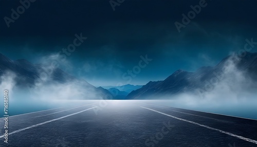 dark street asphalt abstract dark blue background empty dark mountain range scene with smoke mist cold white float up for display products #716585140