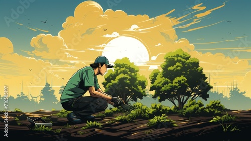 A man plants a tree in the forest and clearings to restore nature. Concept: the activities of eco activists to restore vegetation by volunteers 