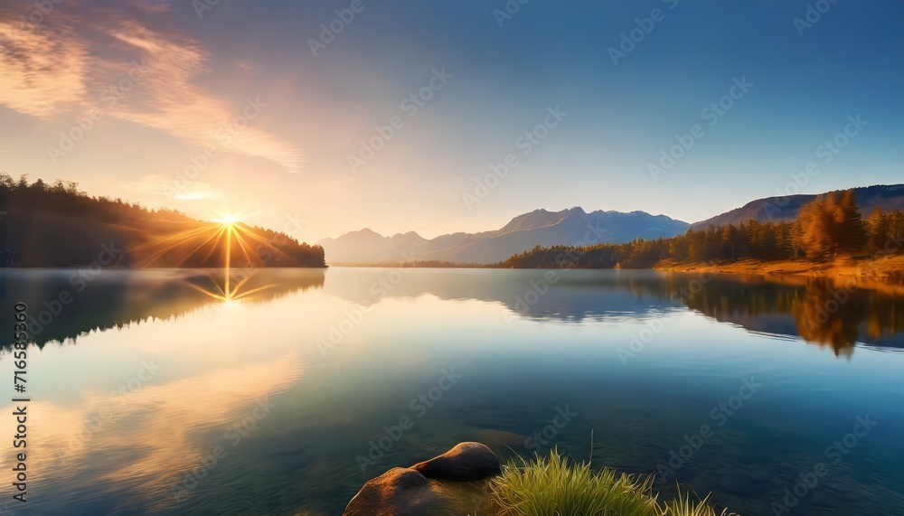 tranquil lake scene at sunrise - obrazy, fototapety, plakaty 