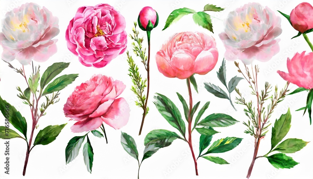 set watercolor pink flowers garden roses peonies flamingo collection leaves branches botanic illustration isolated on white background