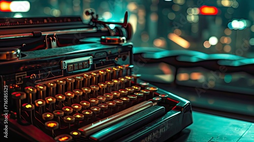 A vintage typewriter spitting out lines of glowing code, the clatter of keys blending with the hum of a futuristic cityscape in the background. photo