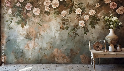 texture shabby wall on which barely visible flowers are depicted photo wallpaper in the interior photo