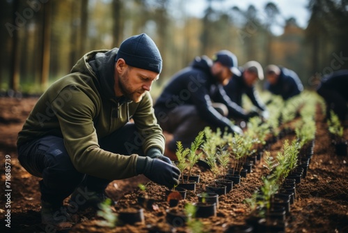 A group of volunteers is planting trees in forests and meadows to restore nature. Concept: the activities of eco-activists to restore vegetation
 photo