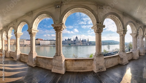 interior high resolution panoramic view of the old fishermen bastion in budapest hungary in the morning photo