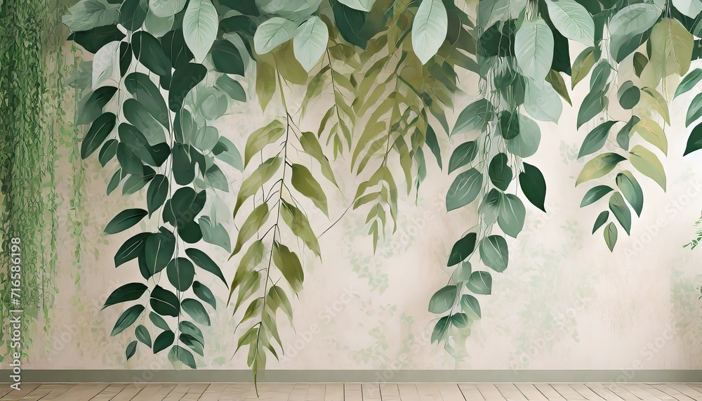 art drawing of topical plants tree leaves lianas in pastel style photo wallpaper in the interior - obrazy, fototapety, plakaty 