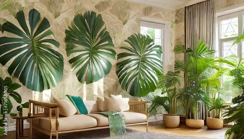 large leaves art tropical pattern photo wallpaper in the room