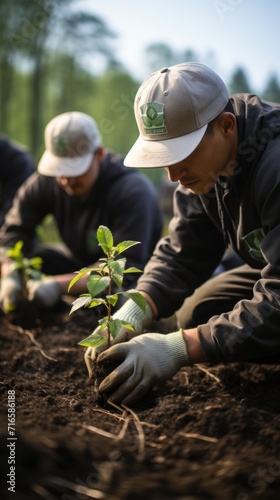 A group of volunteers is planting trees in forests and meadows to restore nature. Concept: the activities of eco-activists to restore vegetation 