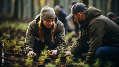 A group of volunteers is planting trees in forests and meadows to restore nature. Concept: the activities of eco-activists to restore vegetation
 photo