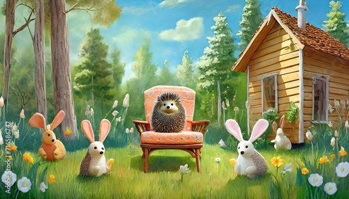 hedgehog on a chair surrounded by hares animals in a clearing near a house in the forest children s photo wallpaper in the interior