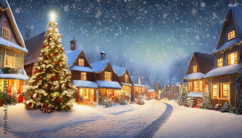christmas village with snow in vintage style at night winter village landscape with christmas tree with lights christmas holidays christmas card illustration