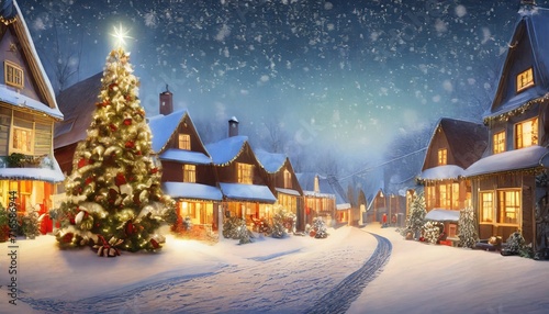 christmas village with snow in vintage style at night winter village landscape with christmas tree with lights christmas holidays christmas card illustration © Lucia