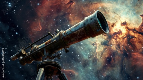 A weathered telescope aimed at a swirling nebula, its lens capturing the vastness of the universe, technology reaching for the unknown.