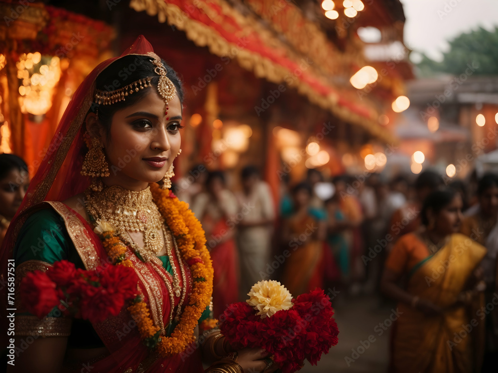 navratri, a beautiful Indian girl dressed traditionally in gold.