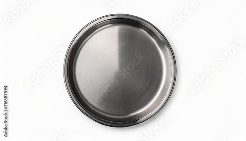 stainless steel empty plate isolated on white backgrond top view