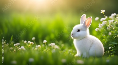 Cute white fluffy rabbit on grass with flowers