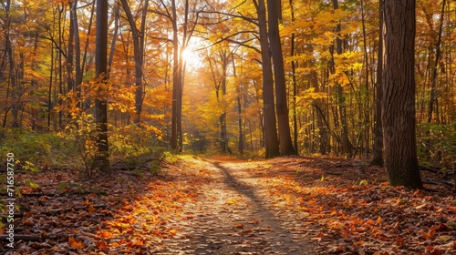 A winding forest path bathed in golden sunlight, fallen leaves creating a vibrant carpet under towering oaks adorned with fiery autumn foliage. photo