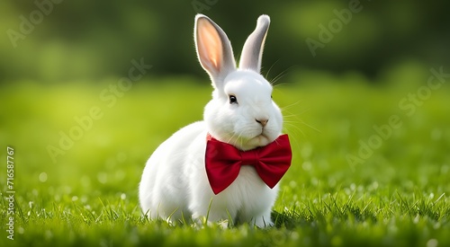 Cute white fluffy rabbit with red bow on grass