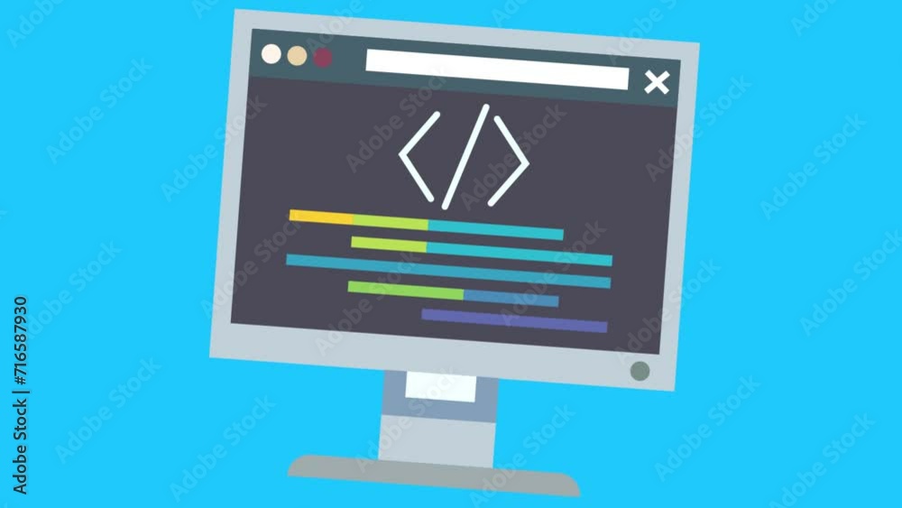 abstract cartoon stylized 2d programming window with moving shapes in blue colors. Clouds in background with blue backdrop abstract cartoon stylized 2d programming window with moving shapes in blue colors. Clouds in background with blue backdrop
