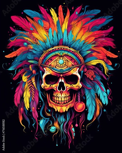 Psychedelic t-shirt design with a colorful skull and feathers, digital art in vivid colors