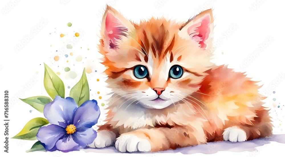 Painted kitten with flowers watercolor