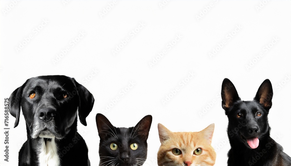cute different dogs and cats peeking on isolated white background with copy space blank for text ads and graphic design