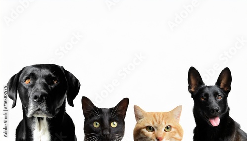 cute different dogs and cats peeking on isolated white background with copy space blank for text ads and graphic design