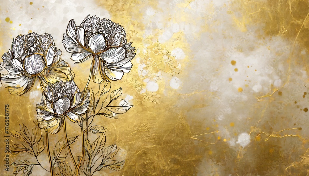 drawn contour flowers peonies on a textured background with golden elements and stains wall mural
