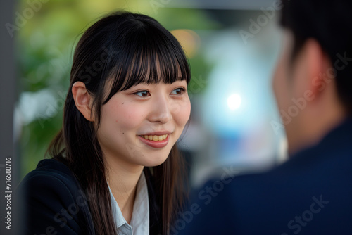 corporate photo  close-up and clear focus on a young Japanese female office worker with minimal makeup  hair with subtle bangs  warmly smiling and talking to a blurred man out of frame