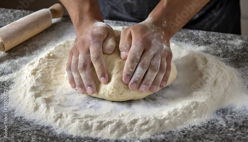 a person s hands kneading dough on a flour dusted countertop while preparing homemade bread or pastry ai 