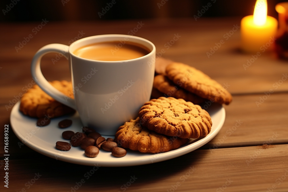 Cup of coffee and chocolate cookies with marmalade on wooden table Cup of coffee and chocolate cookies with marmalade on wooden table