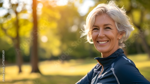 Portrait of smiling senior woman in sportswear looking at camera in park