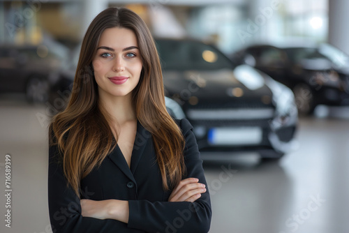 Professional luxury car saleswoman in luxury showroom. Auto dealership office. Car dealer business. portret woman in showroom.