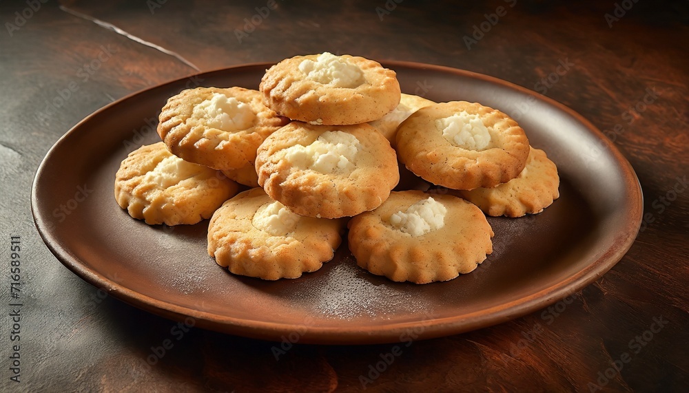 crispy cottage cheese cookies lies on a brown plate