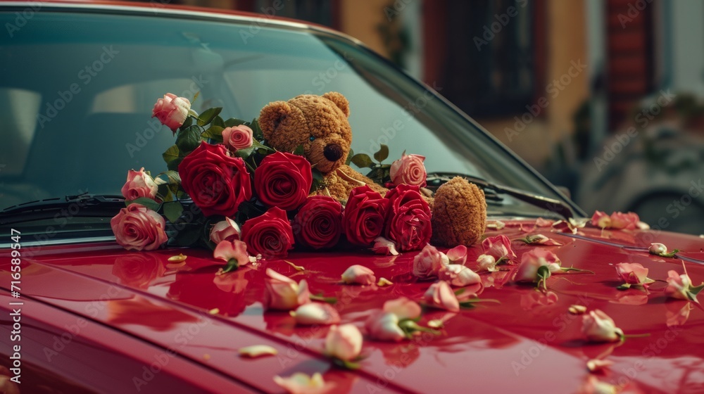 Teddy bear beside big bouquet of roses on a car roof. present for lovely girlfriend, wife or women. Valentines day romantic concept