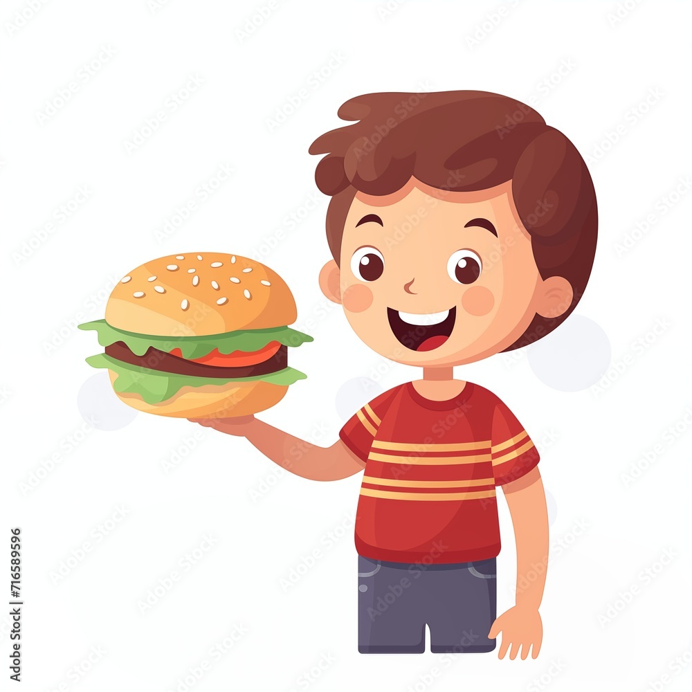 Child boy eat burger. Harmful snack, fast food. Unhealthy food. Cartoon ai Child boy eat burger. Harmful snack, fast food. Unhealthy food. Cartoon ai