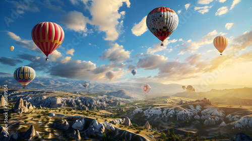 colroful airships in highly realistic landscape, blue sky whit white clouds
