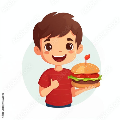 Child boy eat burger. Harmful snack, fast food. Unhealthy food. Cartoon ai